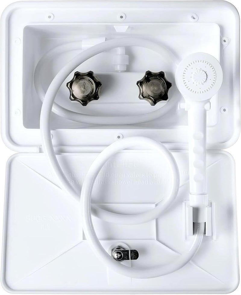 DSRTLP RV Exterior Shower Box Outdoor Camper Trailer Shower Kit with Shower Faucet Shower Head and Hose Wall Box Portable use for Camper Van Travel Trailer Motorhome and Boat (White) - Image 1